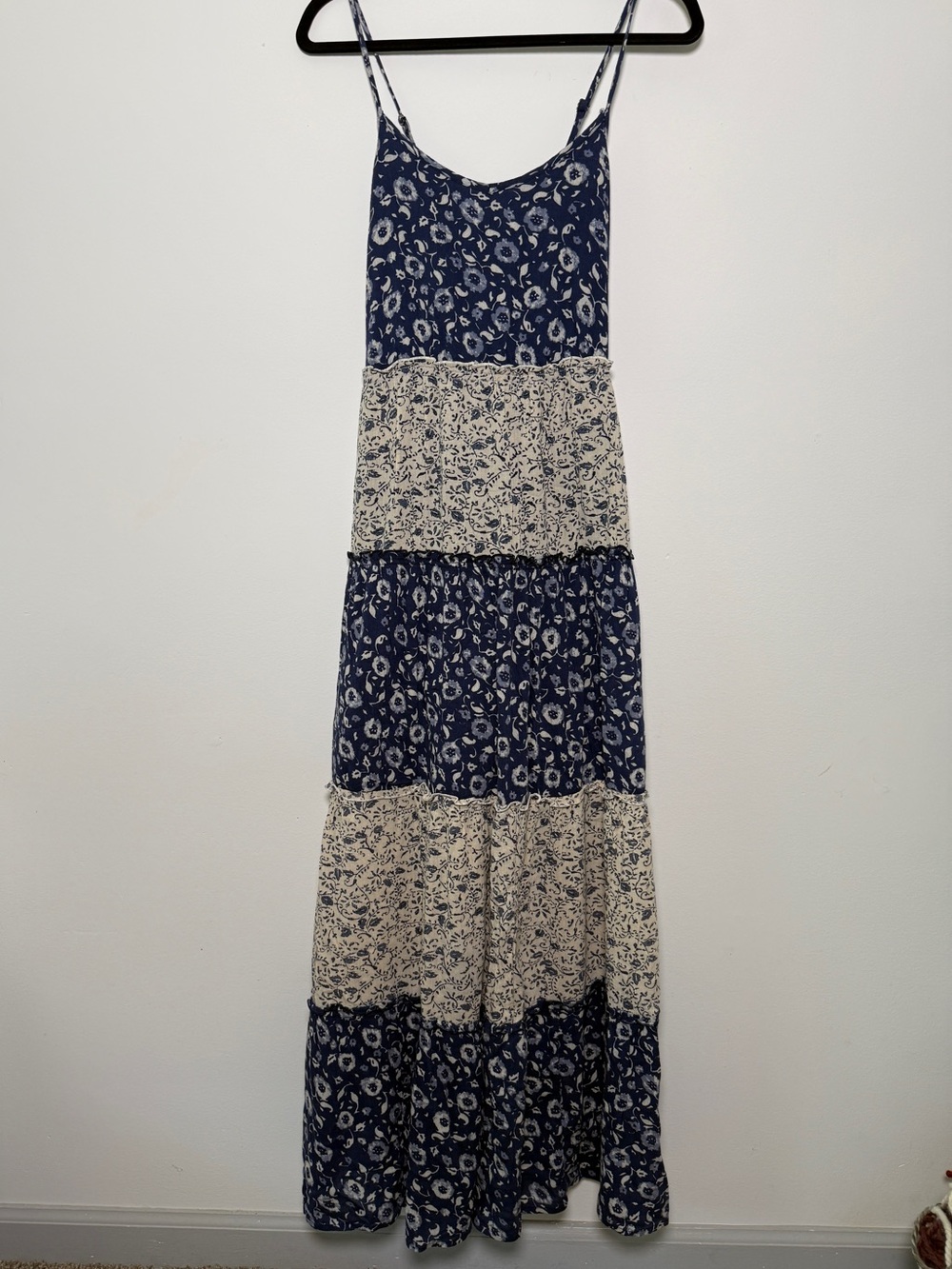 Navy and Cream Tiered Floral Maxi Dress - Lightweight Summer Dress - Size M